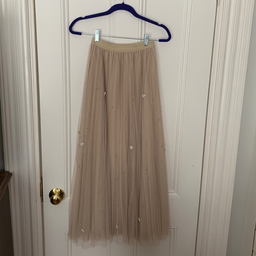 Pleated Beige Sequin Chiffon Maxi Skirt